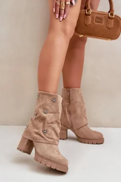 Zdobione Botki Z Wywiniętą Cholewką Na Słupku Beżowe Esadora Damskie Botki Ocieplane|Botki Na Słupku