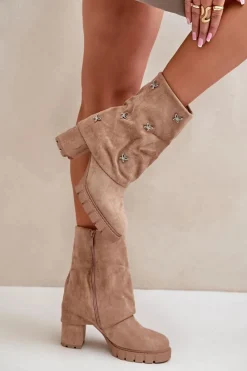 Zdobione Botki Z Wywiniętą Cholewką Na Słupku Beżowe Esadora Damskie Botki Ocieplane|Botki Na Słupku