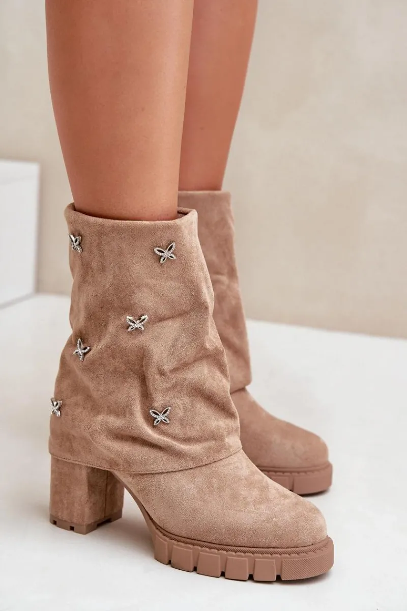 Zdobione Botki Z Wywiniętą Cholewką Na Słupku Beżowe Esadora Damskie Botki Ocieplane|Botki Na Słupku