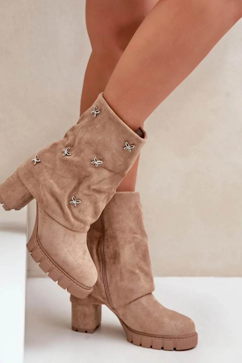 Zdobione Botki Z Wywiniętą Cholewką Na Słupku Beżowe Esadora Damskie Botki Ocieplane|Botki Na Słupku