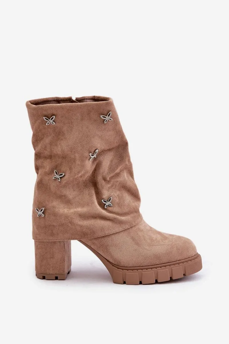 Zdobione Botki Z Wywiniętą Cholewką Na Słupku Beżowe Esadora Damskie Botki Ocieplane|Botki Na Słupku