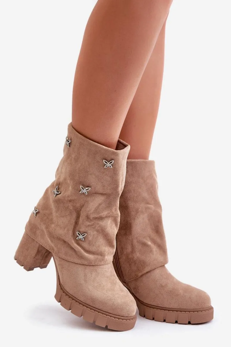Zdobione Botki Z Wywiniętą Cholewką Na Słupku Beżowe Esadora Damskie Botki Ocieplane|Botki Na Słupku