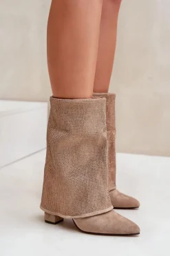 New Zdobione Błyszczące Botki Z Wywiniętą Cholewką Na Słupku Ocieplane Beżowe Xistaria Damskie Botki Ocieplane|Botki Na Obcasie