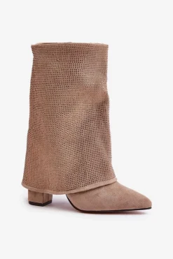 New Zdobione Błyszczące Botki Z Wywiniętą Cholewką Na Słupku Ocieplane Beżowe Xistaria Damskie Botki Ocieplane|Botki Na Obcasie