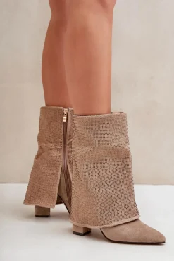 New Zdobione Błyszczące Botki Z Wywiniętą Cholewką Na Słupku Ocieplane Beżowe Xistaria Damskie Botki Ocieplane|Botki Na Obcasie