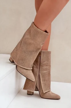 New Zdobione Błyszczące Botki Z Wywiniętą Cholewką Na Słupku Ocieplane Beżowe Xistaria Damskie Botki Ocieplane|Botki Na Obcasie