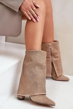New Zdobione Błyszczące Botki Z Wywiniętą Cholewką Na Słupku Ocieplane Beżowe Xistaria Damskie Botki Ocieplane|Botki Na Obcasie