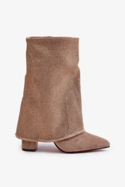 New Zdobione Błyszczące Botki Z Wywiniętą Cholewką Na Słupku Ocieplane Beżowe Xistaria Damskie Botki Ocieplane|Botki Na Obcasie