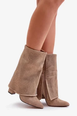 New Zdobione Błyszczące Botki Z Wywiniętą Cholewką Na Słupku Ocieplane Beżowe Xistaria Damskie Botki Ocieplane|Botki Na Obcasie