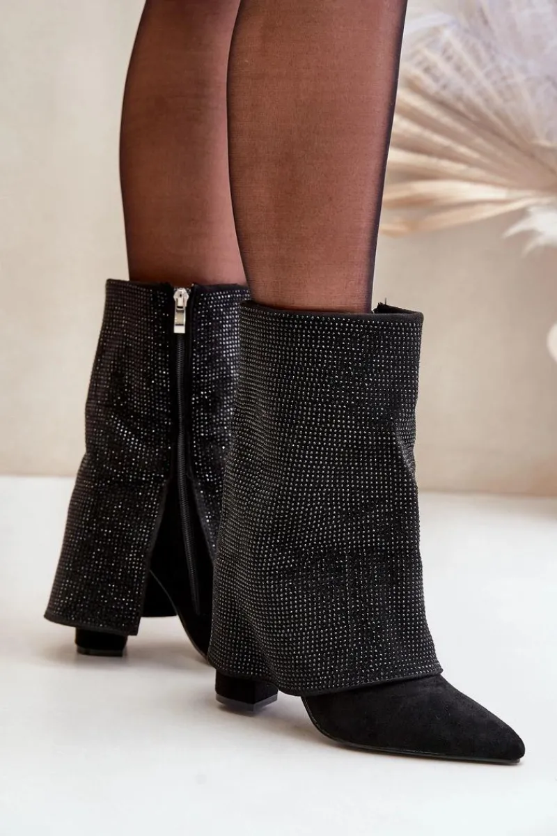 Botki Ocieplane|Botki Na Obcasie>Boto Zdobione Błyszczące Botki Z Wywiniętą Cholewką Na Słupku Ocieplane Czarne Xistaria Czarny