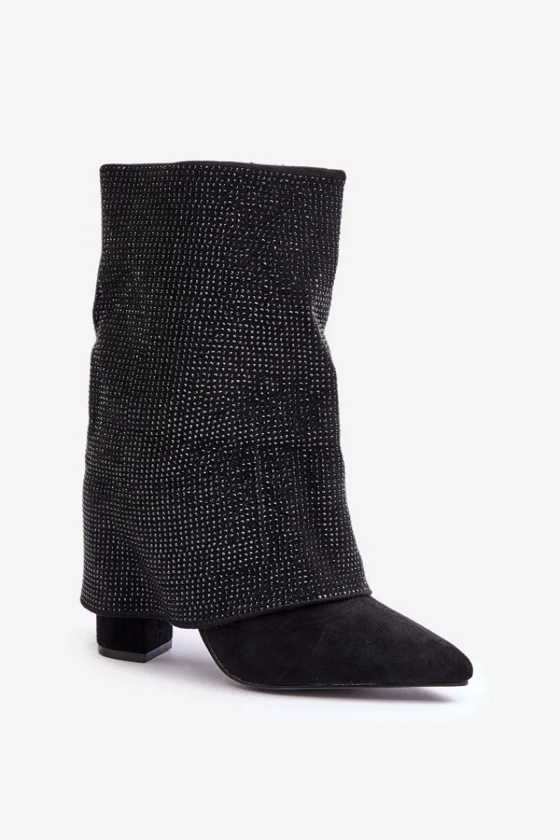 Botki Ocieplane|Botki Na Obcasie>Boto Zdobione Błyszczące Botki Z Wywiniętą Cholewką Na Słupku Ocieplane Czarne Xistaria Czarny