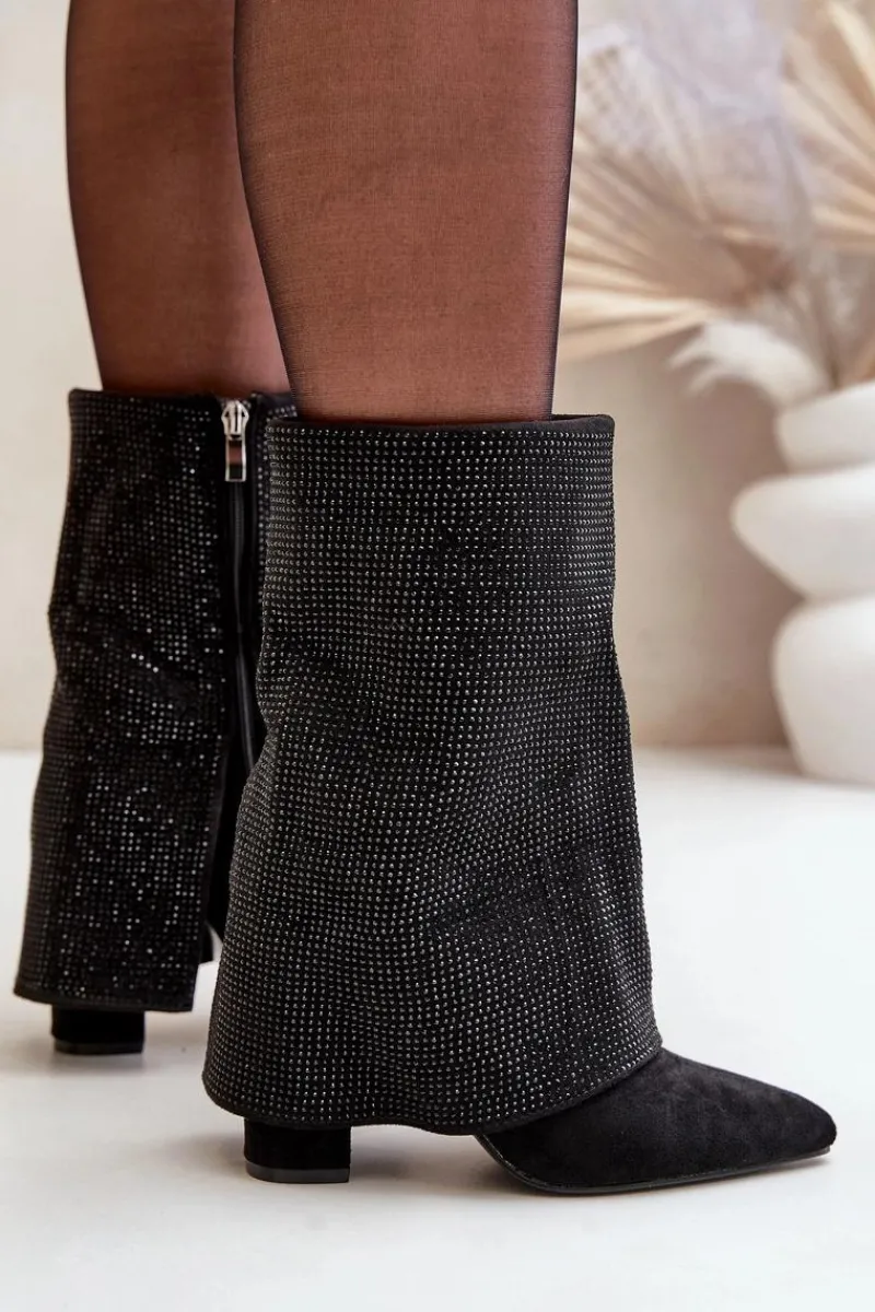 Botki Ocieplane|Botki Na Obcasie>Boto Zdobione Błyszczące Botki Z Wywiniętą Cholewką Na Słupku Ocieplane Czarne Xistaria Czarny