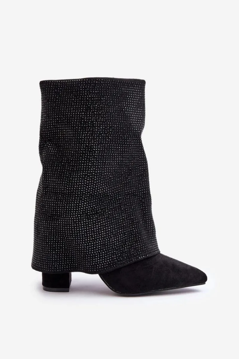 Botki Ocieplane|Botki Na Obcasie>Boto Zdobione Błyszczące Botki Z Wywiniętą Cholewką Na Słupku Ocieplane Czarne Xistaria Czarny