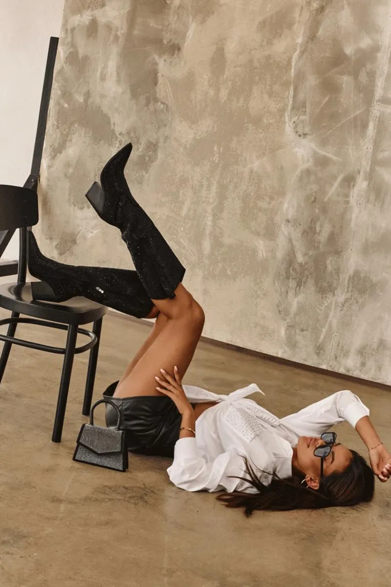 Kozaki Wiosenne|Kozaki Przed Kolano>Boto Zdobione Dżetami Kozaki Kowbojki Damskie Przed Kolano Czarne Poelstra