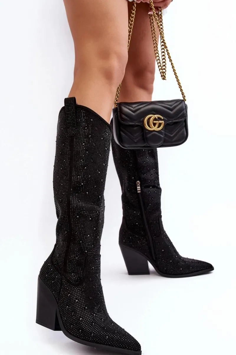 Kozaki Wiosenne|Kozaki Przed Kolano>Boto Zdobione Dżetami Kozaki Kowbojki Damskie Przed Kolano Czarne Poelstra