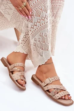 Boto Zdobione Klapki Damskie Na Płaskim Obcasie Z Paskami I Klamrą Beżowe Manitte Beżowy