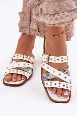 Best Zdobione Klapki Damskie Na Płaskim Obcasie Z Paskami I Klamrą Białe Manitte Damskie Klapki Damskie Klasyczne