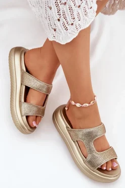 Best Zdobione Klapki Damskie Na Platformie Złote Jestella Damskie Klapki Damskie Klasyczne