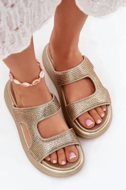 Best Zdobione Klapki Damskie Na Platformie Złote Jestella Damskie Klapki Damskie Klasyczne
