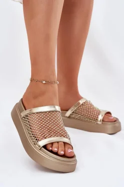 Online Zdobione Klapki Damskie Na Platformie Z Siateczką S.Barski MY51-016 Złote Damskie Klapki Na Platformie|Klapki Damskie Klasyczne