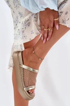 Online Zdobione Klapki Damskie Na Platformie Z Siateczką S.Barski MY51-016 Złote Damskie Klapki Na Platformie|Klapki Damskie Klasyczne