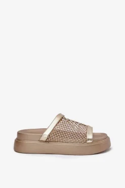 Online Zdobione Klapki Damskie Na Platformie Z Siateczką S.Barski MY51-016 Złote Damskie Klapki Na Platformie|Klapki Damskie Klasyczne