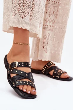 Klapki Damskie Klasyczne>Boto Zdobione Klapki Damskie Na Płaskim Obcasie Z Paskami I Klamrą Czarne Manitte Czarny