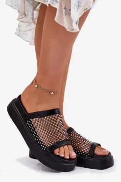 Sale Damskie buty S.Barski Zdobione Klapki Damskie Na Platformie Z Siateczką S.Barski MY51-016 Czarne