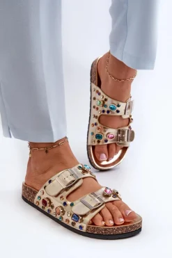 Hot Zdobione Klapki Damskie Z Klamrami S.Barski MY121 Złote Damskie Klapki Korkowe|Klapki Na Platformie