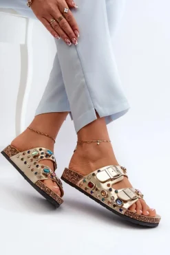 Hot Zdobione Klapki Damskie Z Klamrami S.Barski MY121 Złote Damskie Klapki Korkowe|Klapki Na Platformie