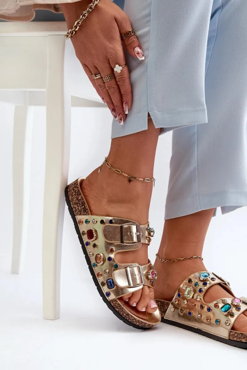 Hot Zdobione Klapki Damskie Z Klamrami S.Barski MY121 Złote Damskie Klapki Korkowe|Klapki Na Platformie