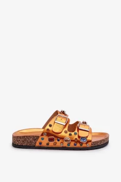 Discount Zdobione Klapki Damskie Z Klamrami S.Barski MY121 Pomarańczowe Damskie Klapki Korkowe|Klapki Na Platformie