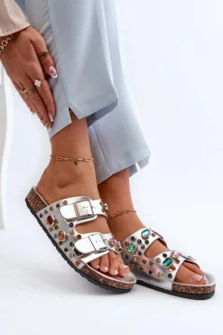 Best Damskie buty S.Barski Zdobione Klapki Damskie Z Klamrami S.Barski MY121 Srebrne Srebrny