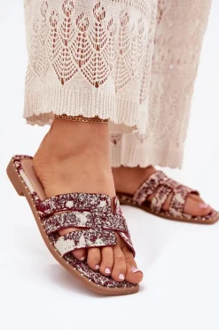 Clearance Zdobione Klapki Na Płaskim Obcasie Bordowe Anniles Damskie Klapki Damskie Klasyczne