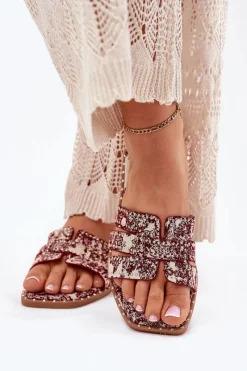 Clearance Zdobione Klapki Na Płaskim Obcasie Bordowe Anniles Damskie Klapki Damskie Klasyczne