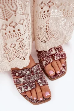 Clearance Zdobione Klapki Na Płaskim Obcasie Bordowe Anniles Damskie Klapki Damskie Klasyczne