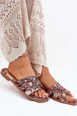 Clearance Zdobione Klapki Na Płaskim Obcasie Bordowe Anniles Damskie Klapki Damskie Klasyczne