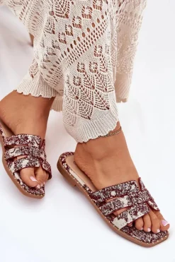 Clearance Zdobione Klapki Na Płaskim Obcasie Bordowe Anniles Damskie Klapki Damskie Klasyczne