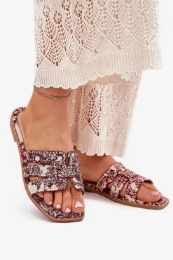 Clearance Zdobione Klapki Na Płaskim Obcasie Bordowe Anniles Damskie Klapki Damskie Klasyczne