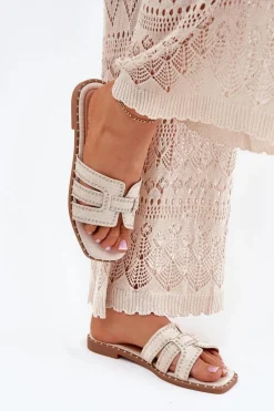 Klapki Damskie Klasyczne>Boto Zdobione Klapki Na Płaskim Obcasie Beżowe Anniles Beżowy