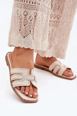 Klapki Damskie Klasyczne>Boto Zdobione Klapki Na Płaskim Obcasie Beżowe Anniles Beżowy