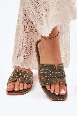 Boto Zdobione Klapki Na Płaskim Obcasie Zielone Anniles Zielony