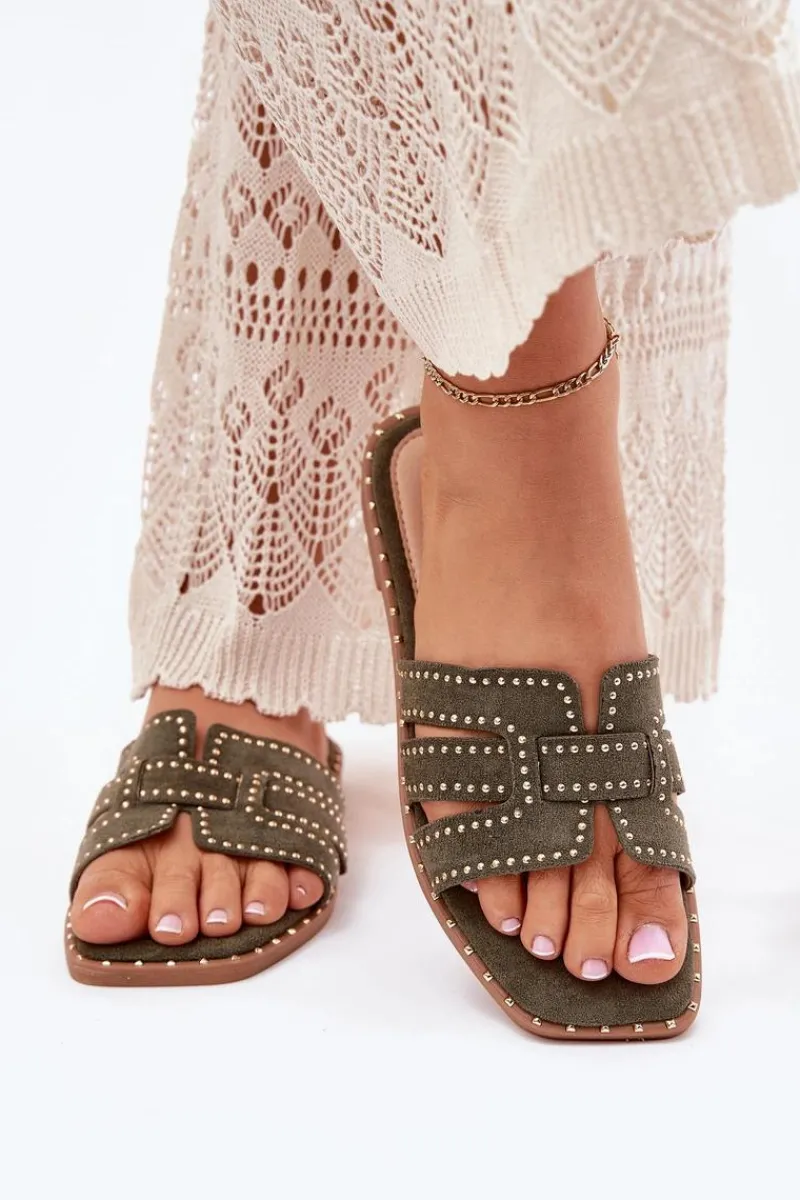 Boto Zdobione Klapki Na Płaskim Obcasie Zielone Anniles Zielony