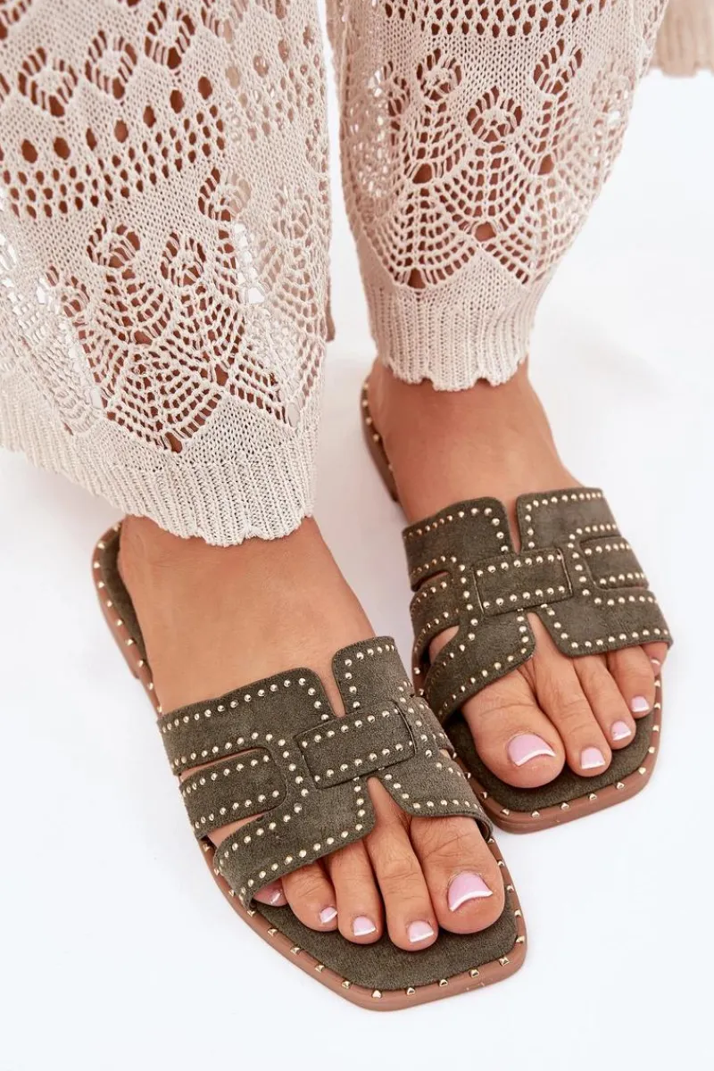 Boto Zdobione Klapki Na Płaskim Obcasie Zielone Anniles Zielony