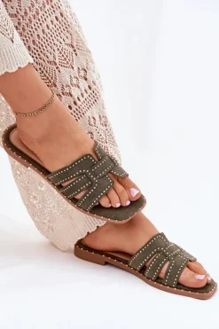 Boto Zdobione Klapki Na Płaskim Obcasie Zielone Anniles Zielony