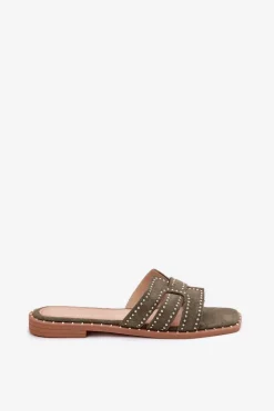 Boto Zdobione Klapki Na Płaskim Obcasie Zielone Anniles Zielony