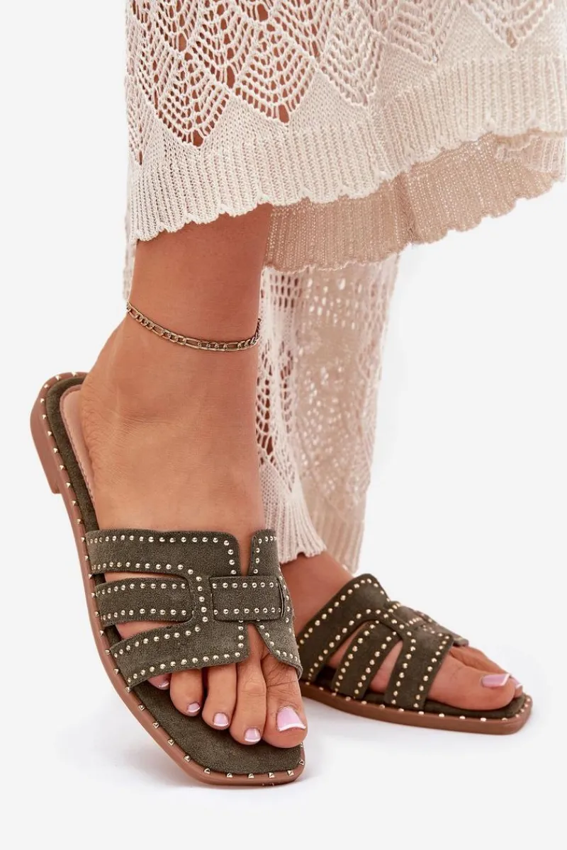 Boto Zdobione Klapki Na Płaskim Obcasie Zielone Anniles Zielony