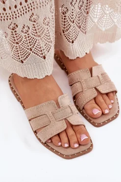 New Zdobione Klapki Na Płaskim Obcasie Khaki Anniles Damskie Klapki Damskie Klasyczne