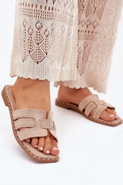 New Zdobione Klapki Na Płaskim Obcasie Khaki Anniles Damskie Klapki Damskie Klasyczne