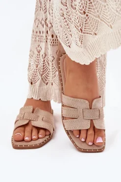 New Zdobione Klapki Na Płaskim Obcasie Khaki Anniles Damskie Klapki Damskie Klasyczne